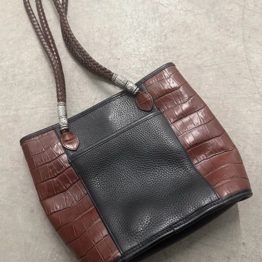 Brighton Black Pebble Leather and Faux Crocodile Leather Tote Bag w / Silver